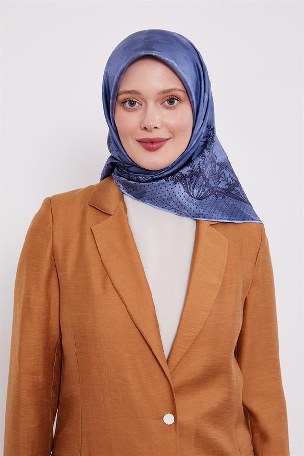 Mavi Kenar Benekli Twill İpek Eşarp