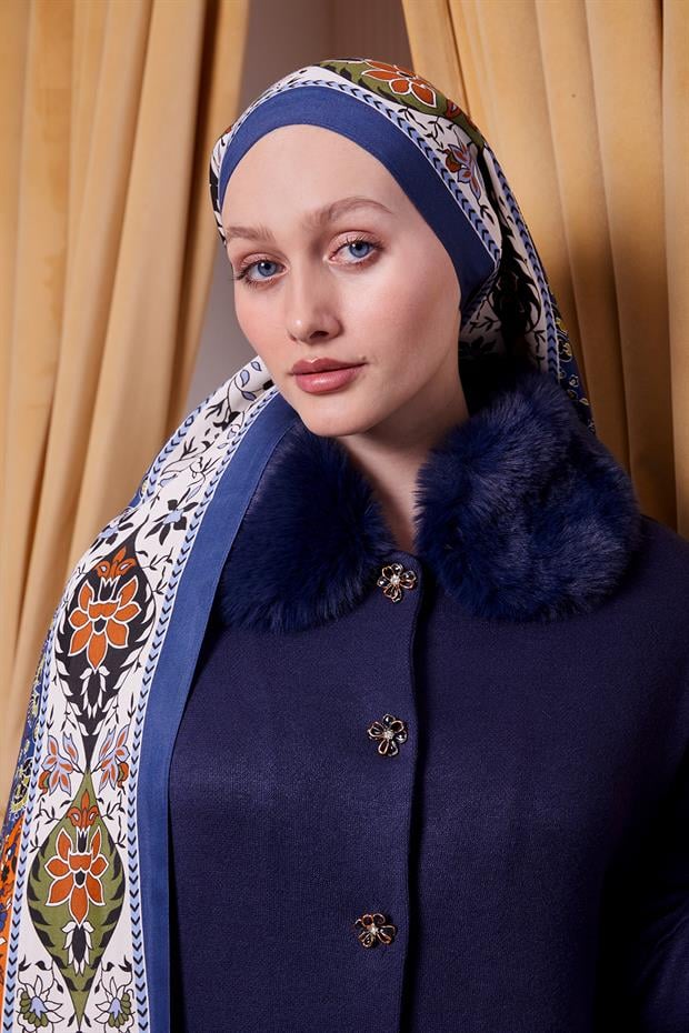 Mavi Kenar Motif Desen Royal Şal