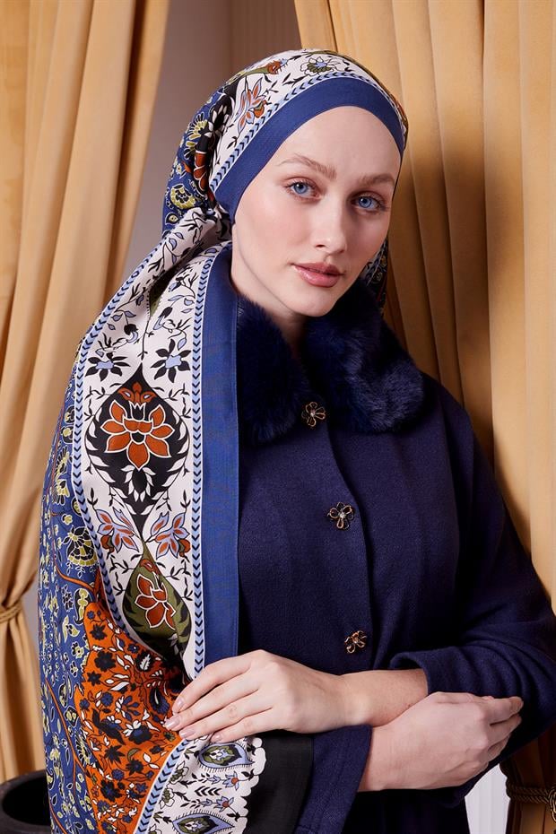 Mavi Kenar Motif Desen Royal Şal