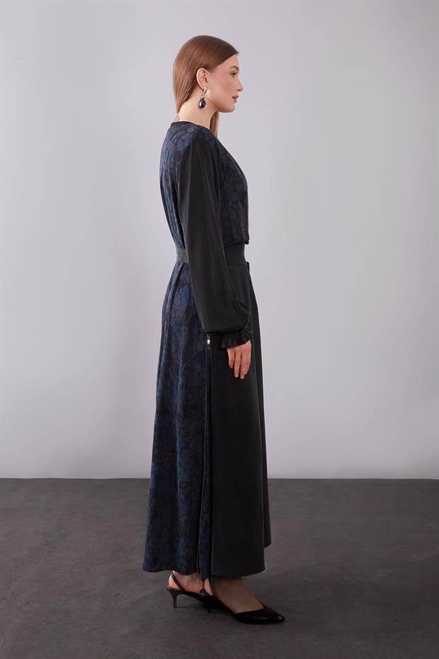 Mavi Kendinden Desenli Cupra Elbise