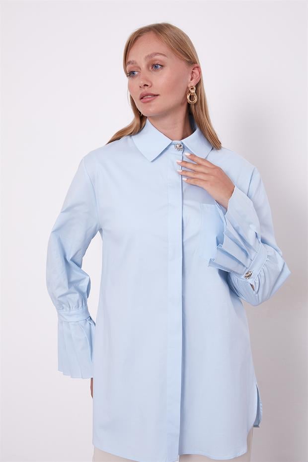 Mavi Kolu Plise Detay Gömlek