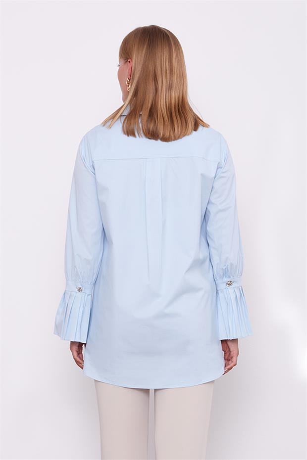 Mavi Kolu Plise Detay Gömlek