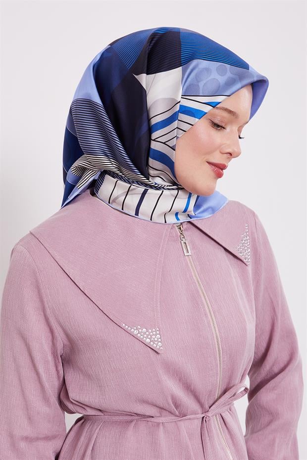 Mavi Labirent Desen Twill İpek Eşarp