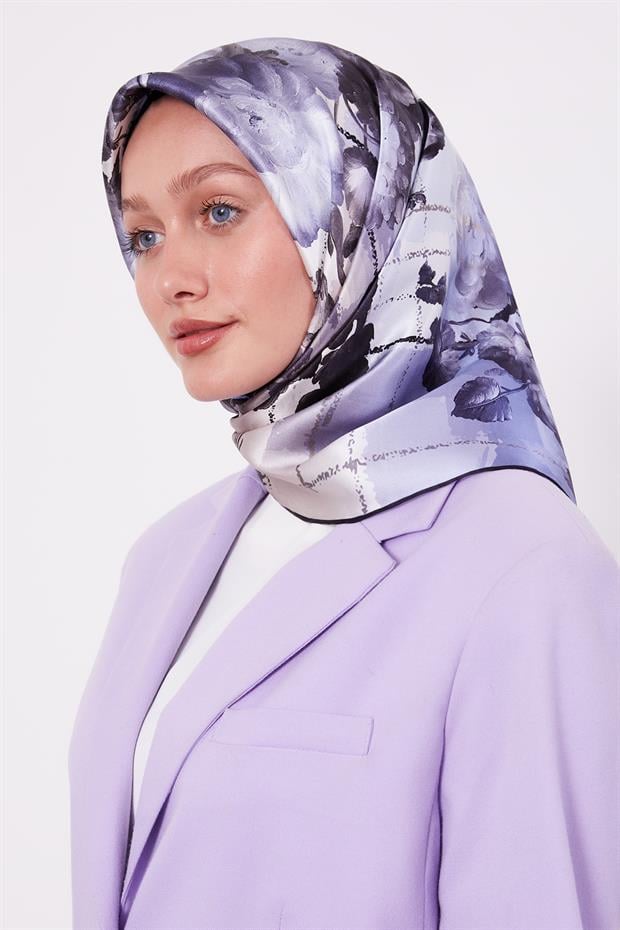 Mavi Menekşe Desen Sura İpek Eşarp