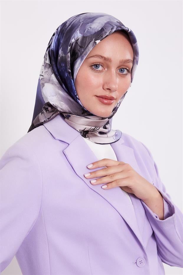 Mavi Menekşe Desen Sura İpek Eşarp