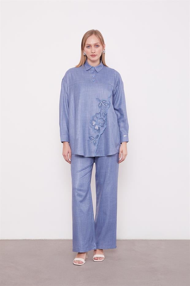 Mavi Nakış Gül Detaylı Tunik Takım