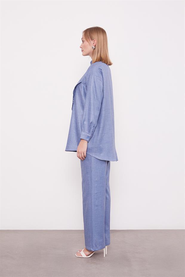 Mavi Nakış Gül Detaylı Tunik Takım