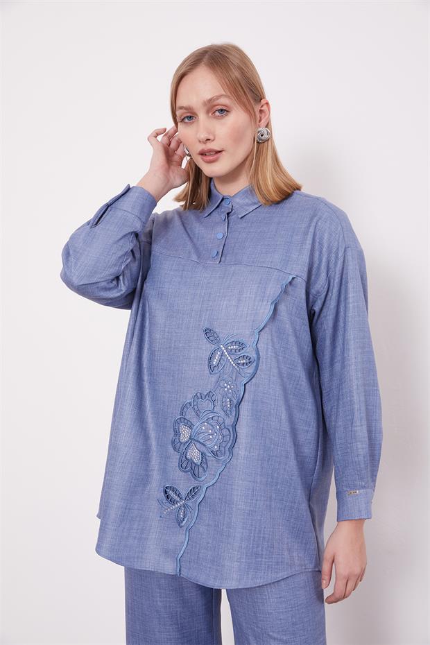 Mavi Nakış Gül Detaylı Tunik Takım