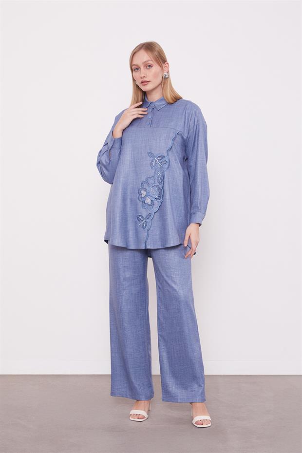 Mavi Nakış Gül Detaylı Tunik Takım