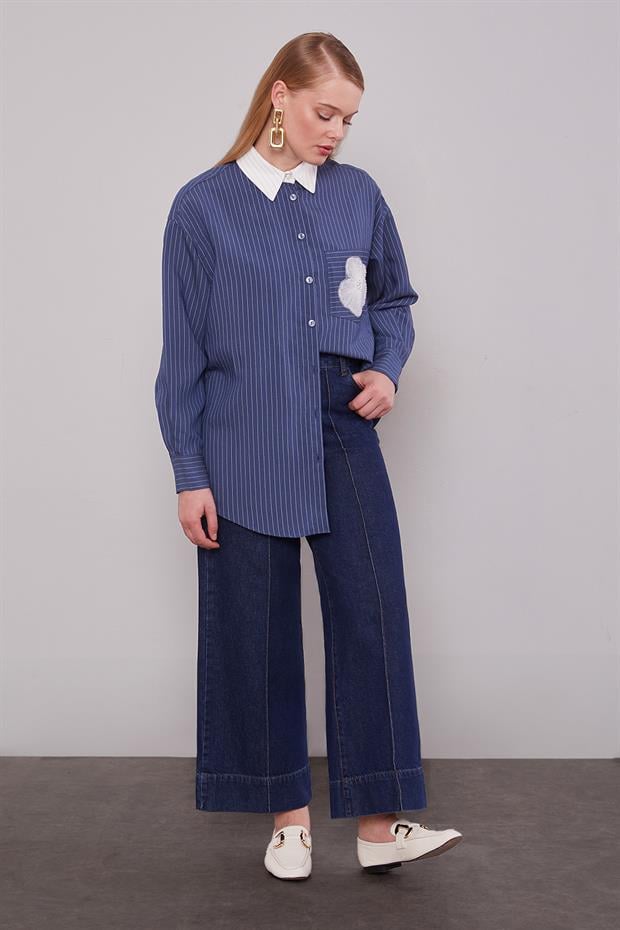 Mavi Nervür Dikişli Wideleg Jean