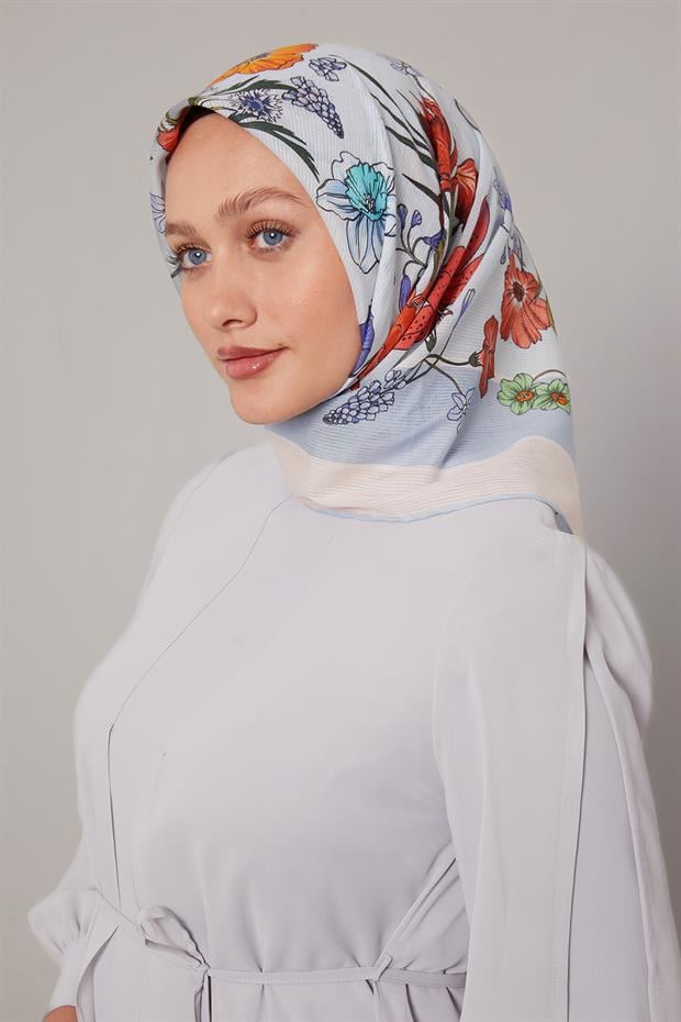 Mavi Papatya Desen Pamuk Eşarp
