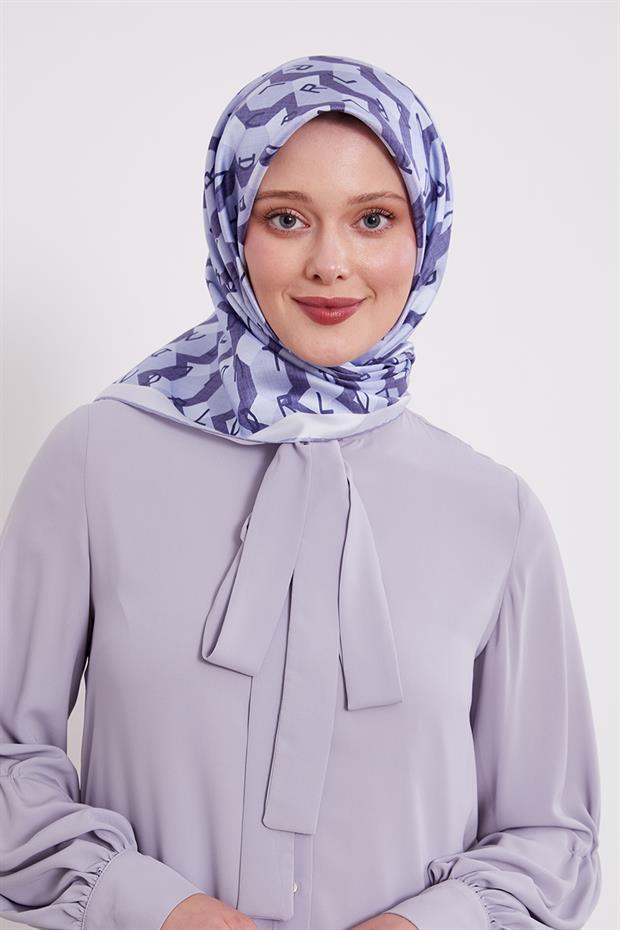 Mavi Petek Baskılı Twill İpek Eşarp