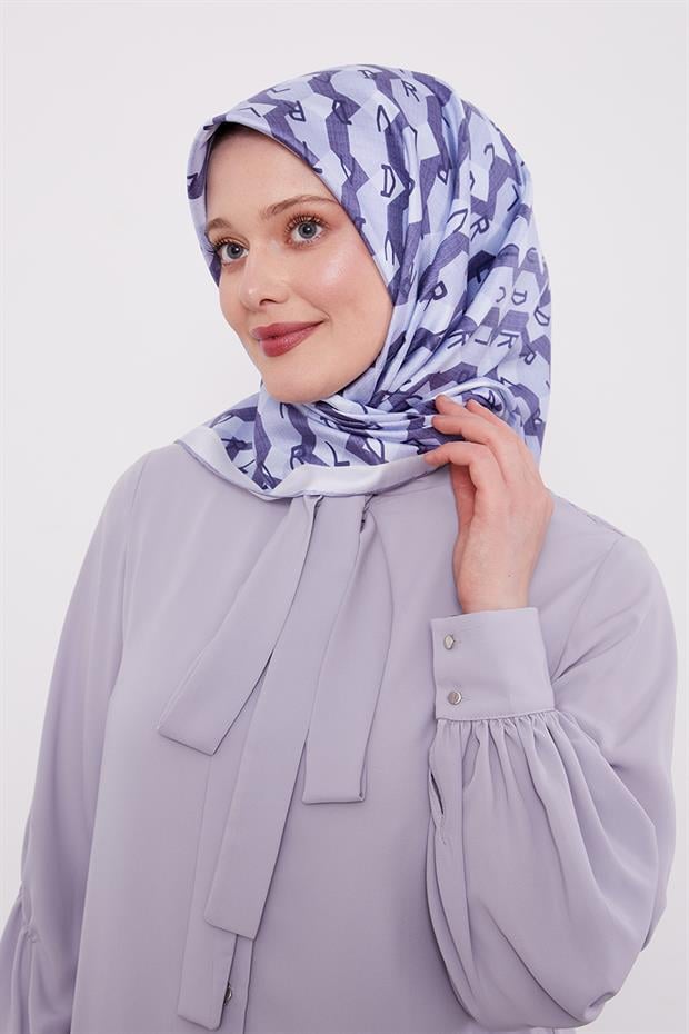 Mavi Petek Baskılı Twill İpek Eşarp