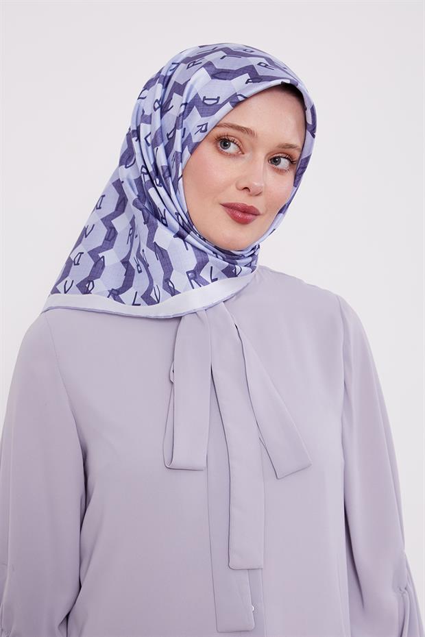 Mavi Petek Baskılı Twill İpek Eşarp