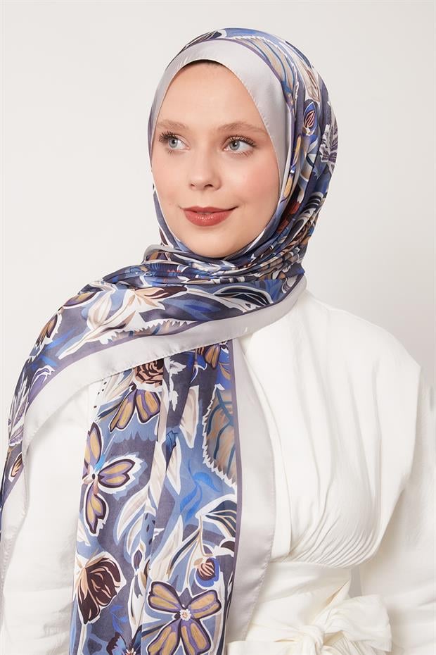 Mavi Petunya Desen Hint İpeği Şal
