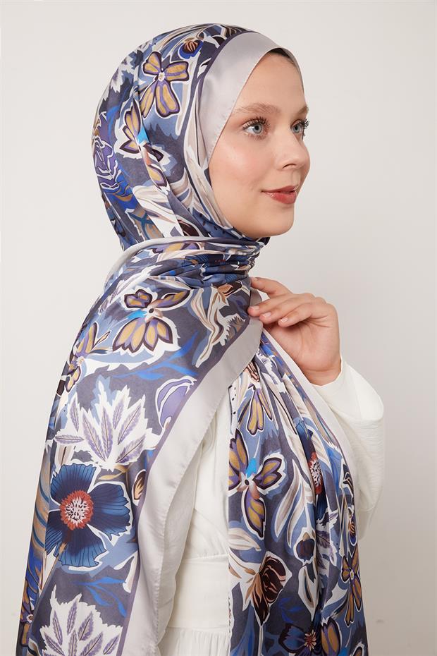 Mavi Petunya Desen Hint İpeği Şal