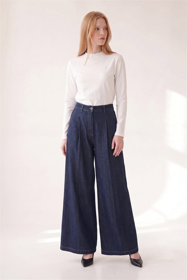 Pileli Bol Paça Denim Pantolon Mavi