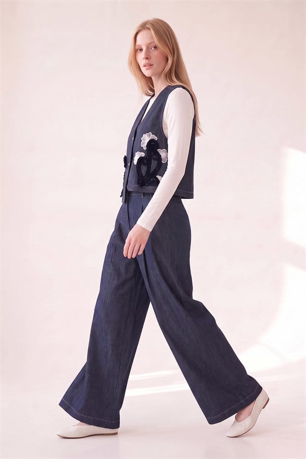 Pileli Bol Paça Denim Pantolon Mavi