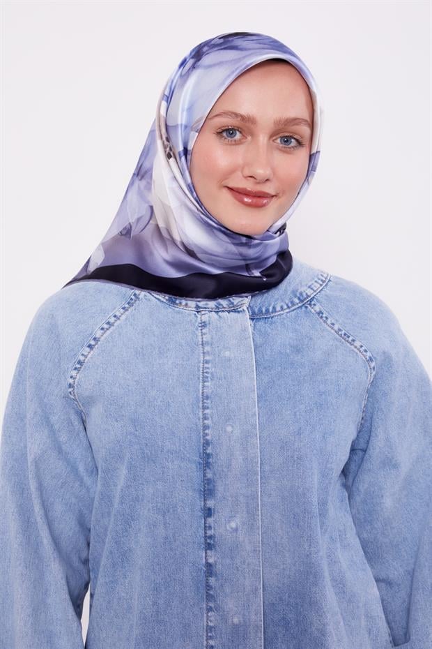 Mavi Soft Çiçek Desen Sura İpek Eşarp