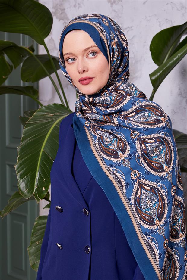 Mavi Soft Etnik Desen Royal Şal