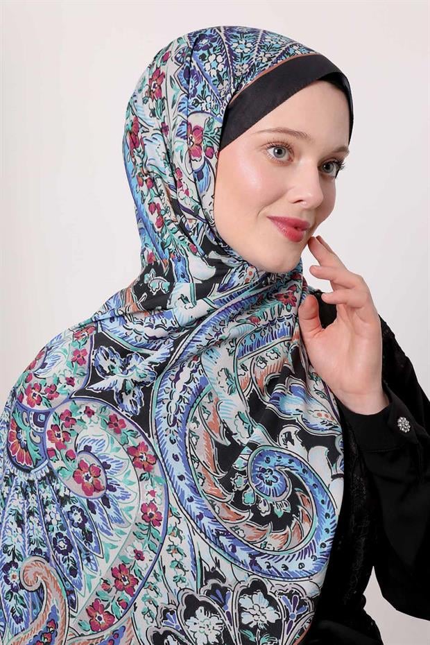 Mavi Soyut Çiçek Desen Love Şal