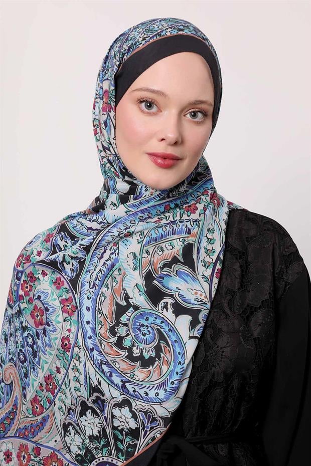 Mavi Soyut Çiçek Desen Love Şal