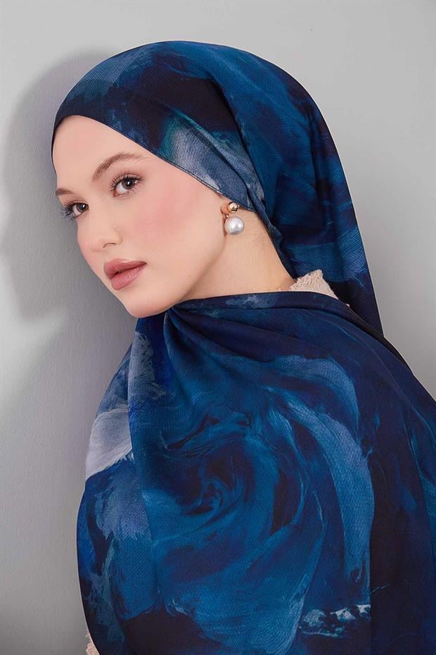 Mavi Soyut Desen Yün İpek Şal