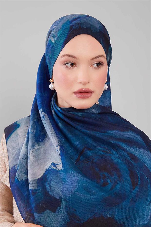 Mavi Soyut Desen Yün İpek Şal