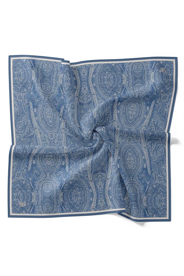Mavi Soyut Etnik Desen Twill İpek Eşarp