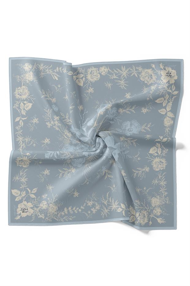 Mavi Soyut Gül Desen Twill İpek Eşarp