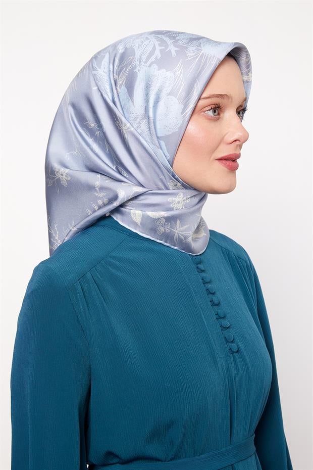 Mavi Soyut Gül Desen Twill İpek Eşarp
