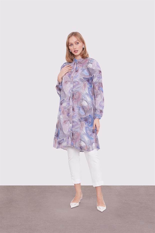Mavi Soyut Yansıma Desenli Tunik