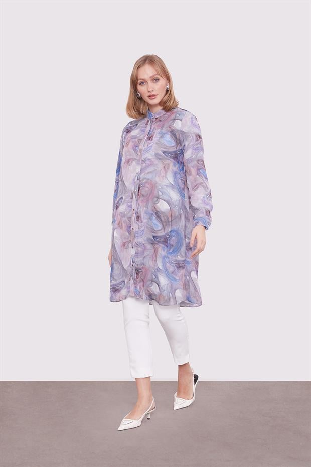 Mavi Soyut Yansıma Desenli Tunik