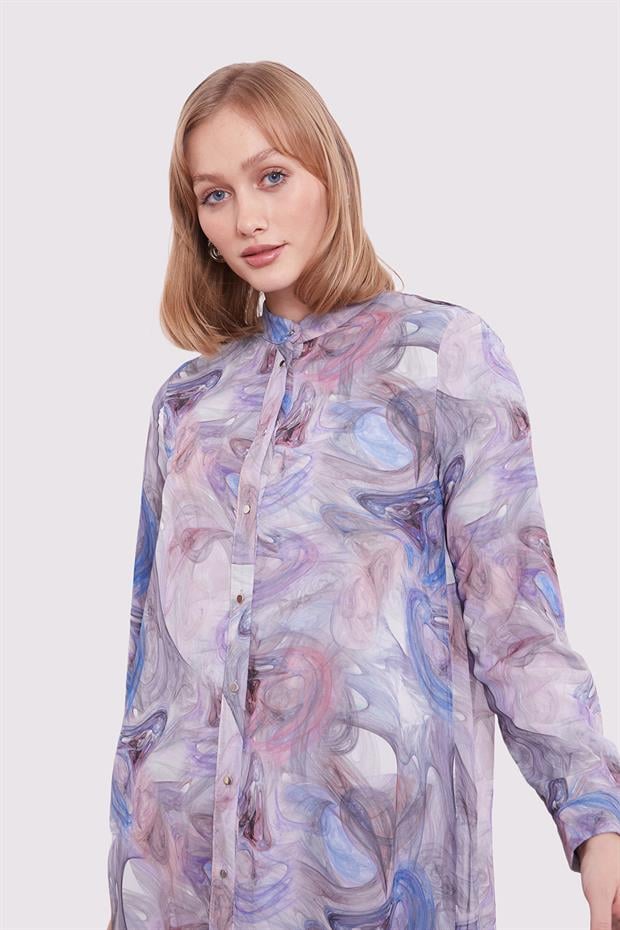 Mavi Soyut Yansıma Desenli Tunik