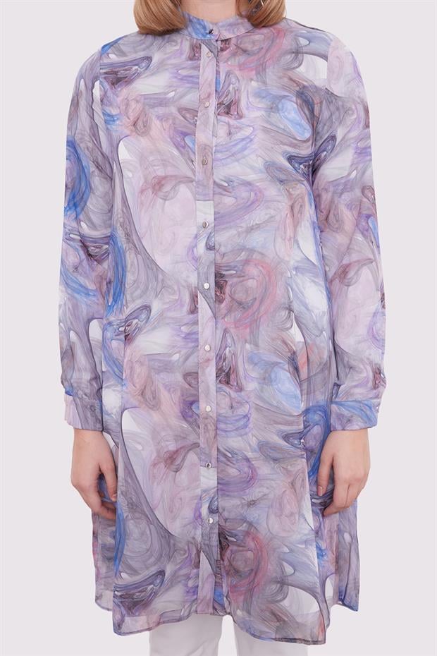 Mavi Soyut Yansıma Desenli Tunik