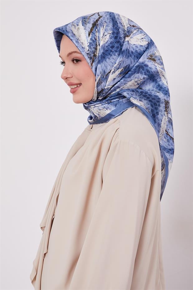 Mavi Yansıma Görünümlü Twill İpek Eşarp