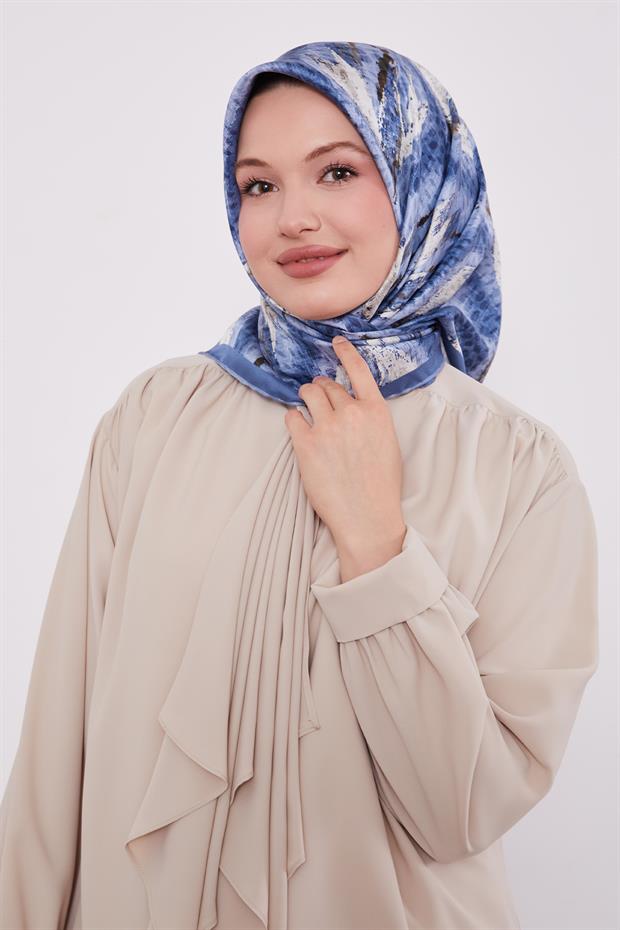 Mavi Yansıma Görünümlü Twill İpek Eşarp