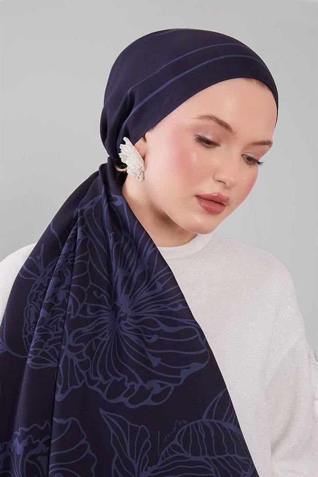 Mavi Sümbül Çiçek Desen Yün İpek Şal