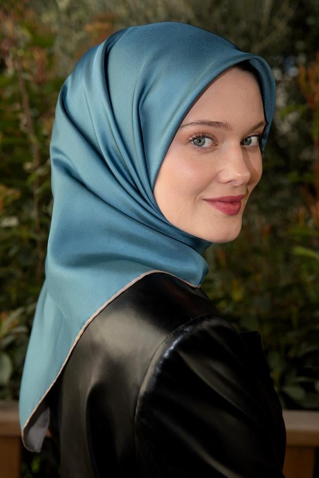 Mavi - Taş Çift Taraflı Twill İpek Eşarp