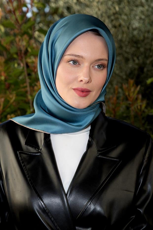 Mavi - Taş Çift Taraflı Twill İpek Eşarp