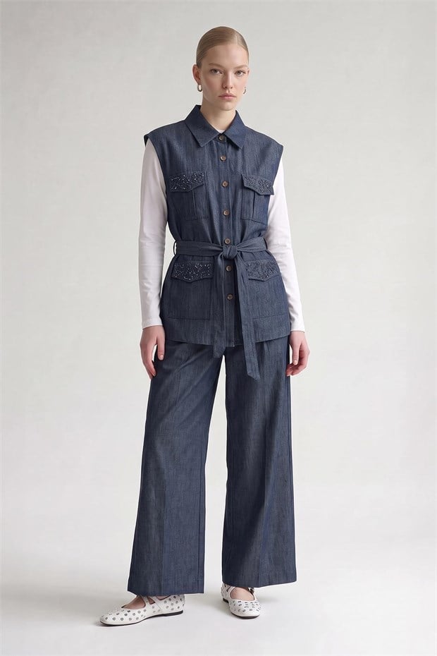 Taş İşlemeli Cepli Denim Yelek Pantolon İkili Takım Mavi