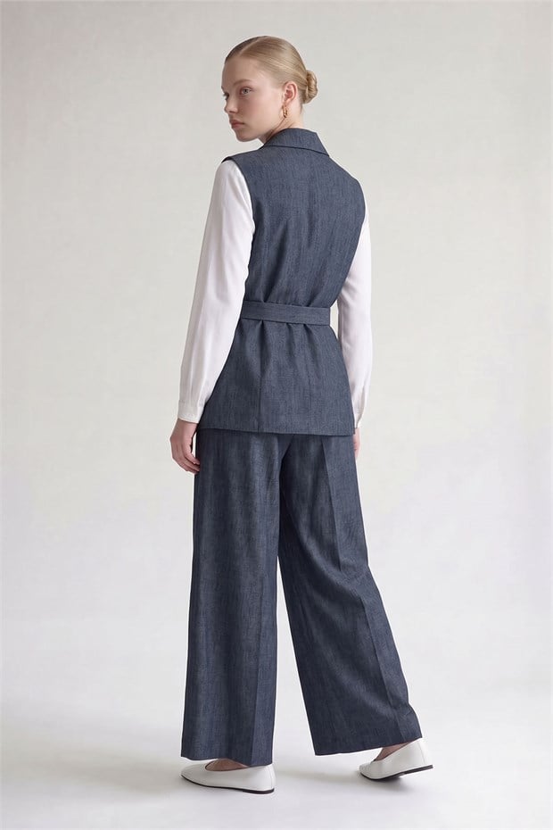 Taş İşlemeli Cepli Denim Yelek Pantolon İkili Takım Mavi