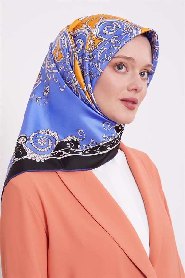 Mavi Varak Desenli Twill İpek Eşarp