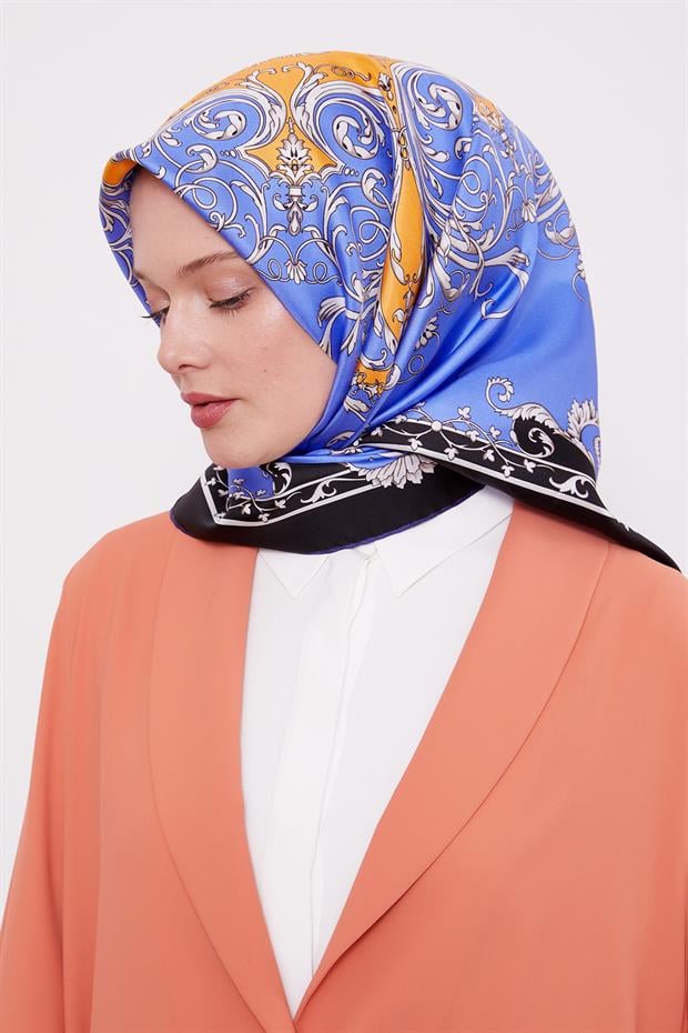 Mavi Varak Desenli Twill İpek Eşarp