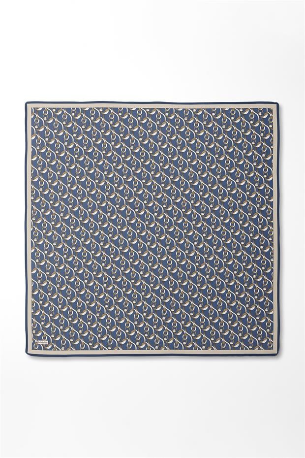 Mavi Zincirli Desenli Twill İpek Eşarp