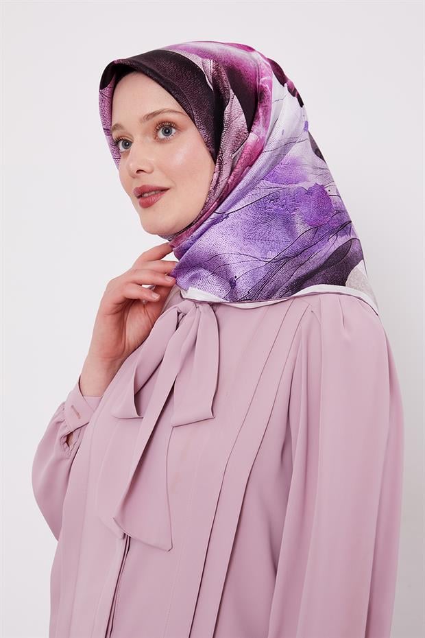 Menekşe Soyut Ebruli Desen Twill İpek Eşarp