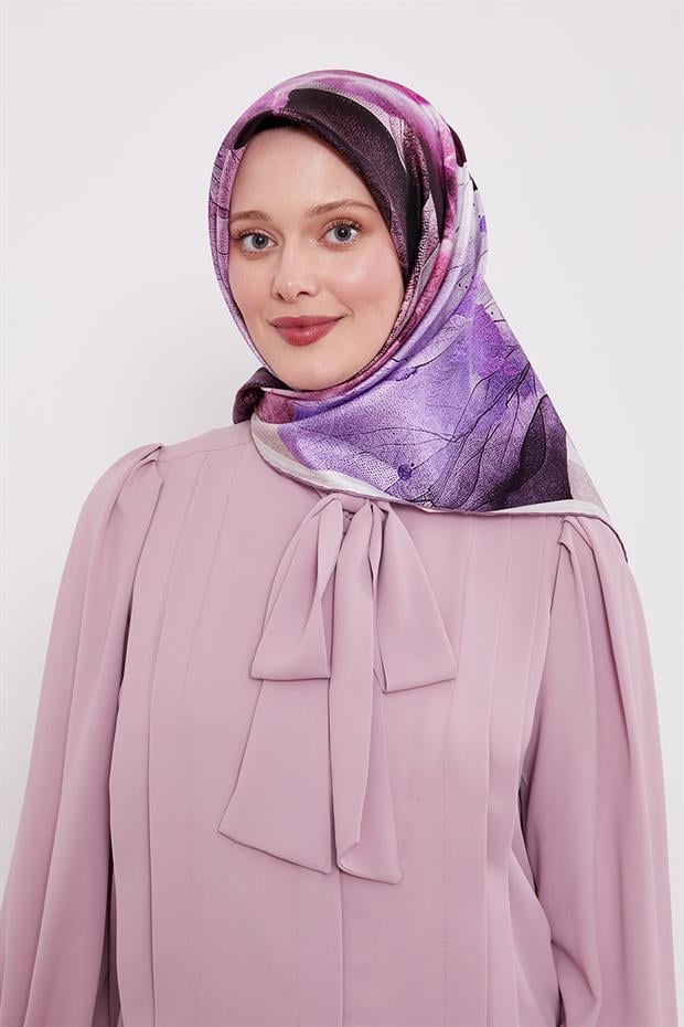 Menekşe Soyut Ebruli Desen Twill İpek Eşarp