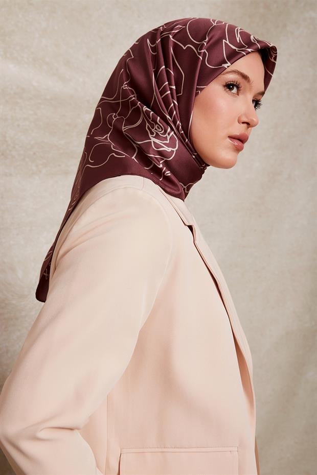 Menekşe Gül Desen Twill İpek Eşarp