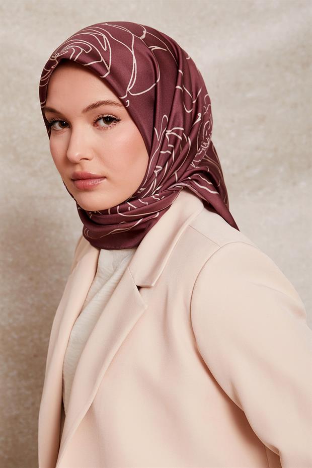 Menekşe Gül Desen Twill İpek Eşarp