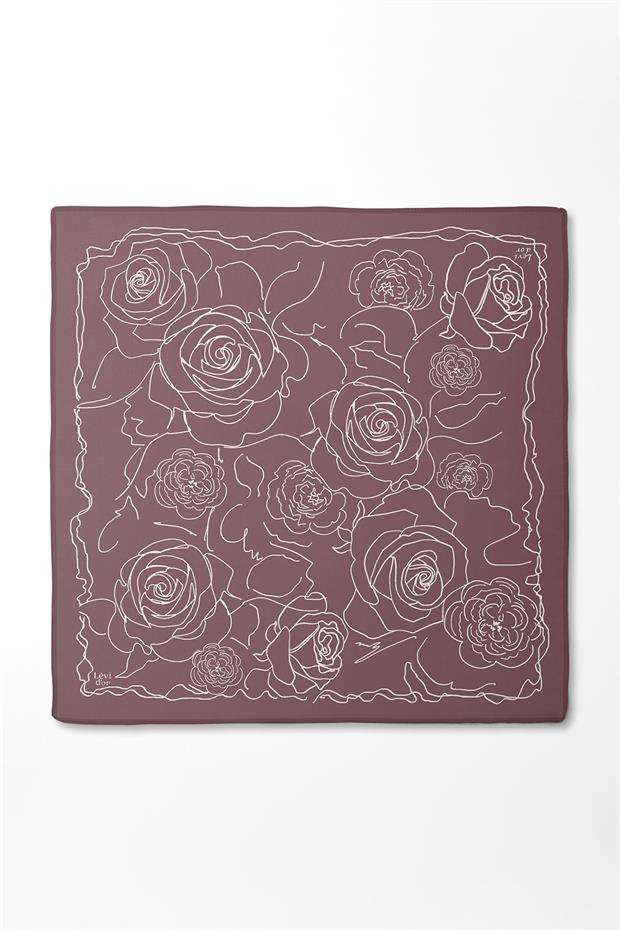 Menekşe Gül Desen Twill İpek Eşarp